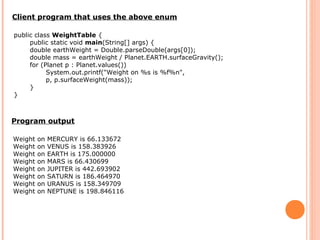 public class WeightTable {
public static void main(String[] args) {
double earthWeight = Double.parseDouble(args[0]);
double mass = earthWeight / Planet.EARTH.surfaceGravity();
for (Planet p : Planet.values())
System.out.printf("Weight on %s is %f%n",
p, p.surfaceWeight(mass));
}
}
Client program that uses the above enum
Weight on MERCURY is 66.133672
Weight on VENUS is 158.383926
Weight on EARTH is 175.000000
Weight on MARS is 66.430699
Weight on JUPITER is 442.693902
Weight on SATURN is 186.464970
Weight on URANUS is 158.349709
Weight on NEPTUNE is 198.846116
Program output
 