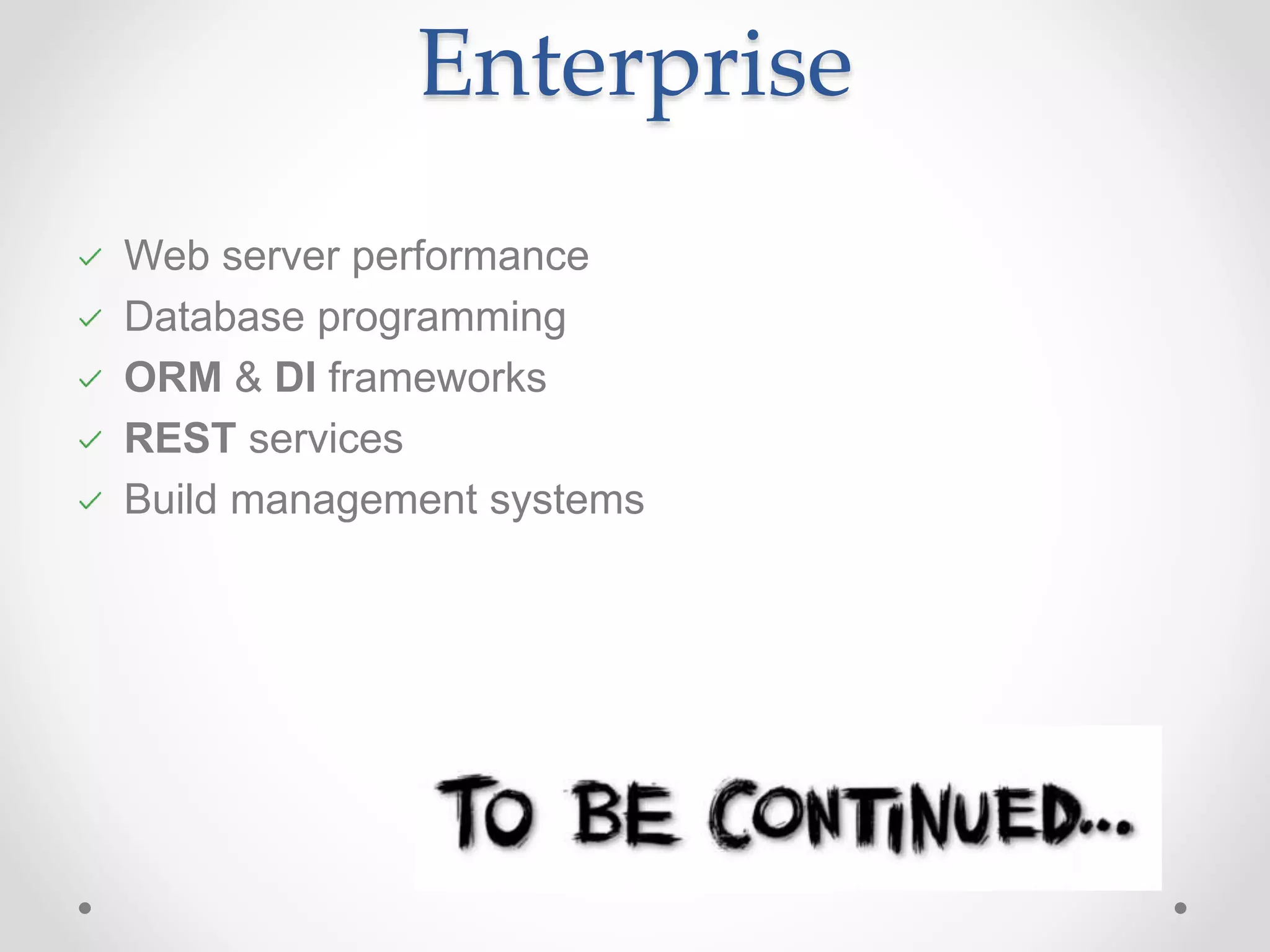 Enterprise Web server performance Database programming ORM & DI frameworks REST services Build management systems 
