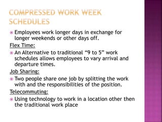  Employees work longer days in exchange for
longer weekends or other days off.
Flex Time:
 An Alternative to traditional “9 to 5” work
schedules allows employees to vary arrival and
departure times.
Job Sharing:
 Two people share one job by splitting the work
with and the responsibilities of the position.
Telecommuting:
 Using technology to work in a location other then
the traditional work place
 