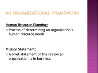 Human Resource Planning:
 Process of determining an organization’s
human resource needs.
Mission Statement:
 A brief statement of the reason an
organization is in business.
 