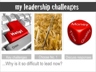 my leadership challenges




  Key challenges       Choose No. 1      Discuss responses
...Why is it so difficult to lead now?
 