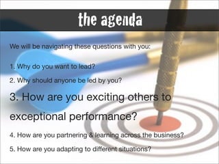 the agenda
We will be navigating these questions with you:


1. Why do you want to lead?

2. Why should anyone be led by you?

3. How are you exciting others to
exceptional performance?
4. How are you partnering & learning across the business?

5. How are you adapting to different situations?
 