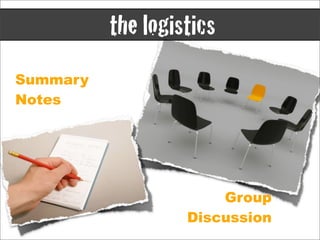 the logistics
Summary
Notes




                       Group
                   Discussion
 