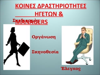 ΚΟΙΝΕΣ ΔΡΑΣΤΗΡΙΟΤΗΤΕΣ
ΗΓΕΤΩΝ &
MANAGERS
Σκηνοθεσία
Οργάνωση
Σχεδιασμός
Έλεγχος
 