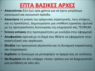 ΕΠΤΑ ΒΑΣΙΚΕΣ ΑΡΧΕΣ
• Απαιτούνται δύο έως τρία χρόνια για να έχετε μετρήσιμη
οικονομική και κοινωνική πρόοδο.
• Αποκτήστε τη γνώση της τρέχουσας στρατηγικής, τους στόχους,
και τις προκλήσεις. Δημιουργήστε μια υπόθεση εργασίας σχετικά
με τις προτεραιότητες λειτουργίας της επιχείρησή σας TEOMLM.
• Έντονη εστίαση στις προτεραιότητες με ευελιξία στην εφαρμογή.
• Αποφασίστε σχετικά με τη δομή που θέλετε να εφαρμόστε στην
αναπτυξιακή σας οργάνωση.
• Φτιάξτε την προσωπική αξιοπιστία και τη δυναμική παρακίνησης
και επηρεασμού.
• Κερδίστε το δικαίωμα να μετατρέψτε το όραμά σας σε οντότητα.
• Να θυμάστε ότι δεν υπάρχει «ένας» τρόπος για να διαχειριστείτε
μια μετάβαση σε κάτι νέο.
 