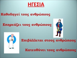 ΗΓΕΣΙΑ
Επηρεάζει τους ανθρώπους
Επιβάλλεται στους ανθρώπους
Κατευθύνει τους ανθρώπους
Καθοδηγεί τους ανθρώπους
 