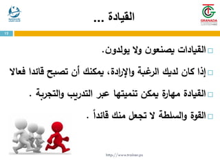 ‫القيادة‬
...

‫ن‬‫يولدو‬ ‫ال‬‫و‬ ‫ن‬‫يصنعو‬ ‫القيادات‬
.

،‫ادة‬
‫ر‬‫اإل‬‫و‬ ‫غبة‬
‫الر‬ ‫لديك‬ ‫كان‬ ‫إذا‬
‫يمكنك‬
‫قائد‬ ‫تصبح‬ ‫أن‬
‫ا‬
‫فعاال‬

‫التجر‬‫و‬ ‫التدريب‬ ‫عبر‬ ‫تنميتها‬ ‫يمكن‬ ‫ة‬
‫مهار‬ ‫القيادة‬
‫بة‬
.

ً‫ا‬‫قائد‬ ‫منك‬ ‫تجعل‬ ‫ال‬ ‫السلطة‬‫و‬ ‫القوة‬
.
http://www.trainer.ps
12
 