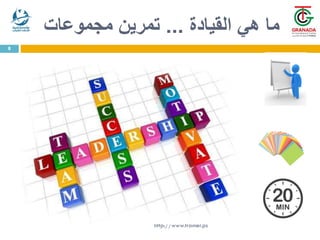 ‫القيادة‬ ‫هي‬ ‫ما‬
...
‫مجموعات‬ ‫تمرين‬
http://www.trainer.ps
8
 