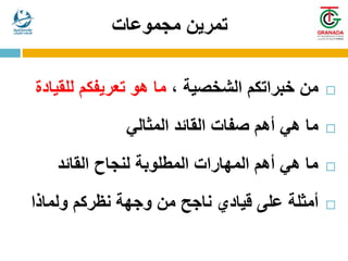 ‫مجموعات‬ ‫تمرين‬

‫من‬
، ‫الشخصية‬ ‫خبراتكم‬
‫للقي‬ ‫تعريفكم‬ ‫هو‬ ‫ما‬
‫ادة‬

‫ما‬
‫المثالي‬ ‫القائد‬ ‫صفات‬ ‫أهم‬ ‫هي‬

‫القائد‬ ‫لنجاح‬ ‫المطلوبة‬ ‫المهارات‬ ‫أهم‬ ‫هي‬ ‫ما‬

‫أمثلة‬
‫وجهة‬ ‫من‬ ‫ناجح‬ ‫قيادي‬ ‫على‬
‫نظر‬
‫كم‬
‫ولماذا‬
 