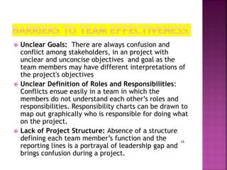 15
 Unclear Goals: There are always confusion and
conflict among stakeholders, in an project with
unclear and unconcise objectives and goal as the
team members may have different interpretations of
the project's objectives
 Unclear Definition of Roles and Responsibilities:
Conflicts ensue easily in a team in which the
members do not understand each other’s roles and
responsibilities. Responsibility charts can be drawn to
map out graphically who is responsible for doing what
on the project.
 Lack of Project Structure: Absence of a structure
defining each team member’s function and the
reporting lines is a portrayal of leadership gap and
brings confusion during a project.
 