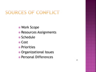 21
 Work Scope
 Resources Assignments
 Schedule
 Cost
 Priorities
 Organizational Issues
 Personal Differences
 