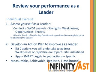 Review your performance as a
Leader
Individual Exercise:
1. Assess yourself as a Leader:
Conduct a SWOT analysis - Strengths, Weaknesses,
Opportunities, Threats
(Use the Results of Leadership Questionnaire you have been completed prior
to attending the session)
2. Develop an Action Plan to improve as a leader
• list 2 actions you will undertake to address
Weaknesses or capitalise on Opportunities identified
• Apply SMART targets to your actions – Specific,
• Measurable, Achievable, Realistic, Time-bound
 