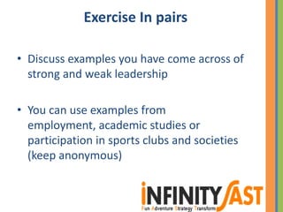 Exercise In pairs
• Discuss examples you have come across of
strong and weak leadership
• You can use examples from
employment, academic studies or
participation in sports clubs and societies
(keep anonymous)
 
