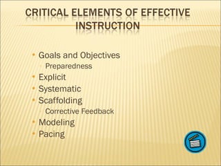 Goals and Objectives Preparedness Explicit  Systematic Scaffolding Corrective Feedback Modeling Pacing 
