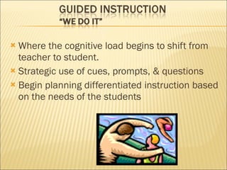 Where the cognitive load begins to shift from teacher to student. Strategic use of cues, prompts, & questions  Begin planning differentiated instruction based on the needs of the students 