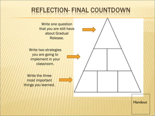 Write the three most important things you learned.  Write two strategies you are going to implement in your classroom. Write one question that you are still have about Gradual Release. Handout 