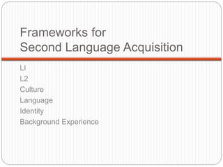 Frameworks for 
Second Language Acquisition 
LI 
L2 
Culture 
Language 
Identity 
Background Experience 
 
