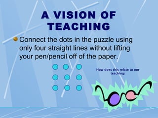 A VISION OF
        TEACHING
Connect the dots in the puzzle using
only four straight lines without lifting
your pen/pencil off of the paper.
                           How does this relate to our
                                  teaching?
 