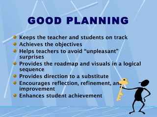 GOOD PLANNING
Keeps the teacher and students on track
Achieves the objectives
Helps teachers to avoid “unpleasant”
surprises
Provides the roadmap and visuals in a logical
sequence
Provides direction to a substitute
Encourages reflection, refinement, and
improvement
Enhances student achievement
 