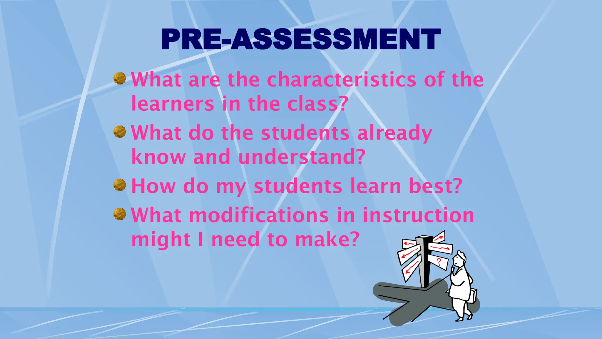 PRE-ASSESSMENT
What are the characteristics of the
learners in the class?
What do the students already
know and understand?
How do my students learn best?
What modifications in instruction
might I need to make?
 
