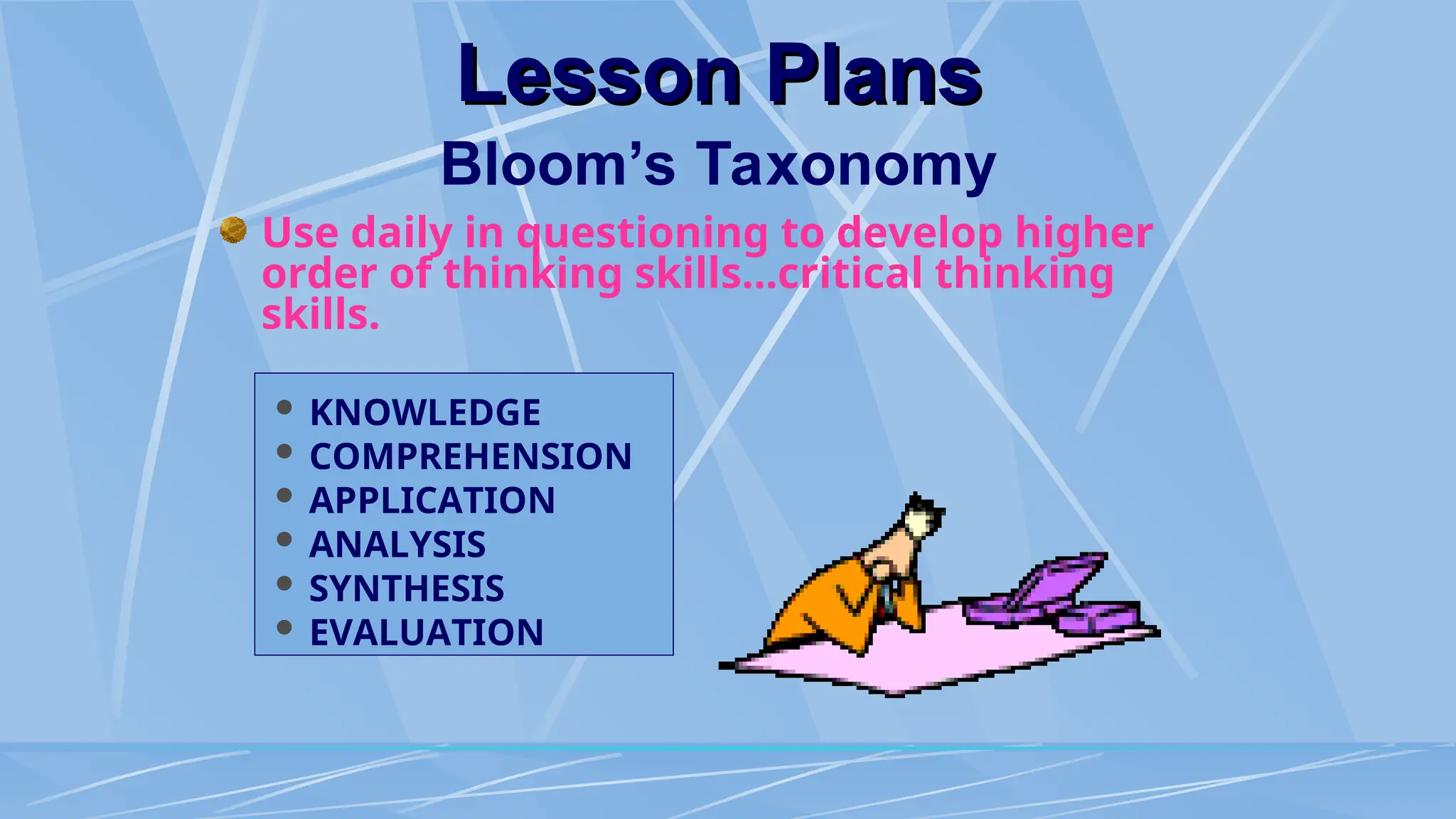Use daily in questioning to develop higher
order of thinking skills...critical thinking
skills.
 KNOWLEDGE
 COMPREHENSION
 APPLICATION
 ANALYSIS
 SYNTHESIS
 EVALUATION
Lesson Plans
Lesson Plans
Bloom’s Taxonomy
 