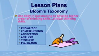 Use daily in questioning to develop higher
order of thinking skills...critical thinking
skills.
 KNOWLEDGE
 COMPREHENSION
 APPLICATION
 ANALYSIS
 SYNTHESIS
 EVALUATION
Lesson Plans
Lesson Plans
Bloom’s Taxonomy
 