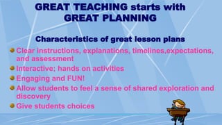 GREAT TEACHING starts with
GREAT PLANNING
Characteristics of great lesson plans
Clear instructions, explanations, timelines,expectations,
and assessment
Interactive; hands on activities
Engaging and FUN!
Allow students to feel a sense of shared exploration and
discovery
Give students choices
 