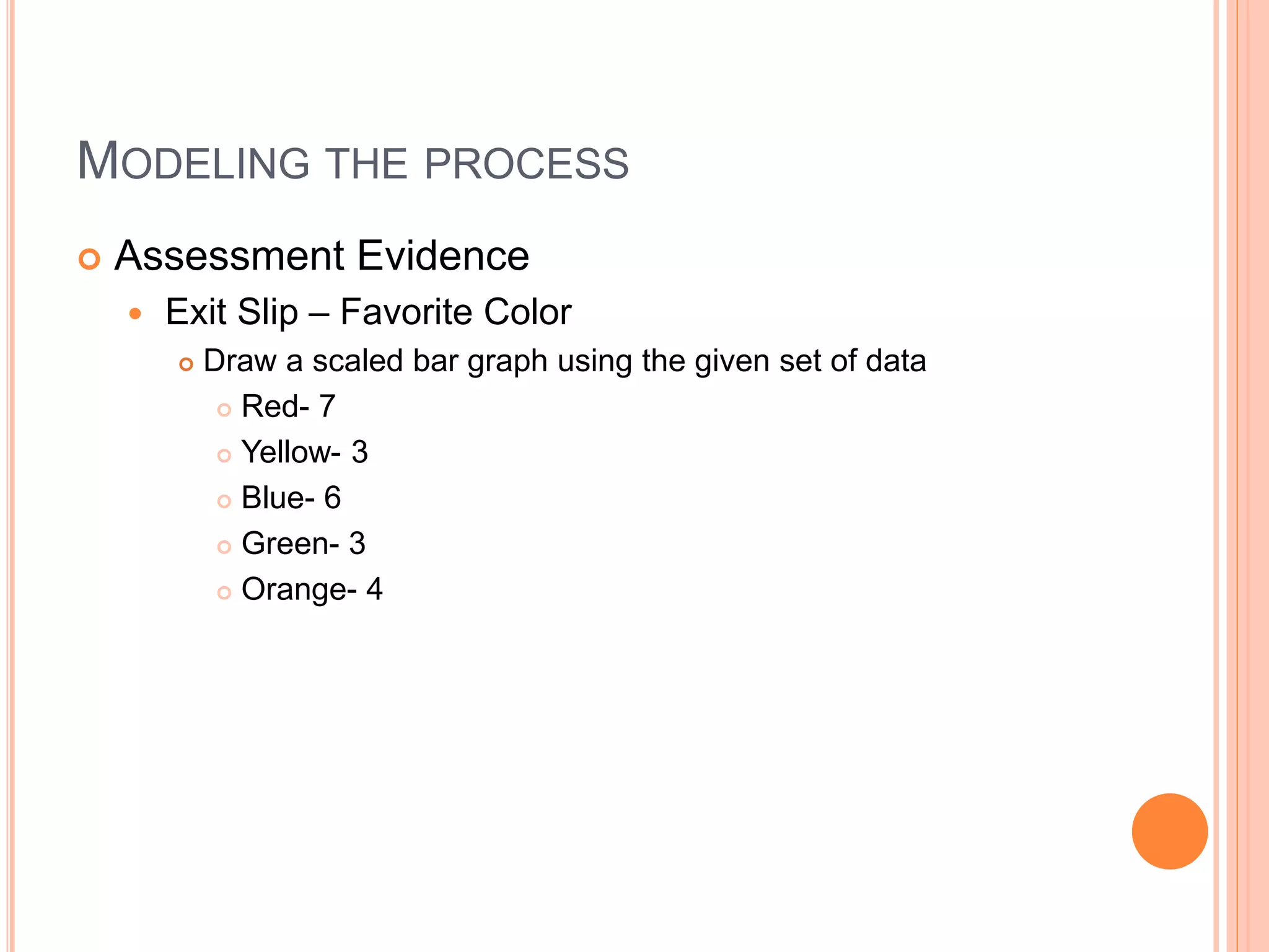 MODELING THE PROCESS
 Assessment Evidence
 Exit Slip – Favorite Color
 Draw a scaled bar graph using the given set of data
 Red- 7
 Yellow- 3
 Blue- 6
 Green- 3
 Orange- 4
 