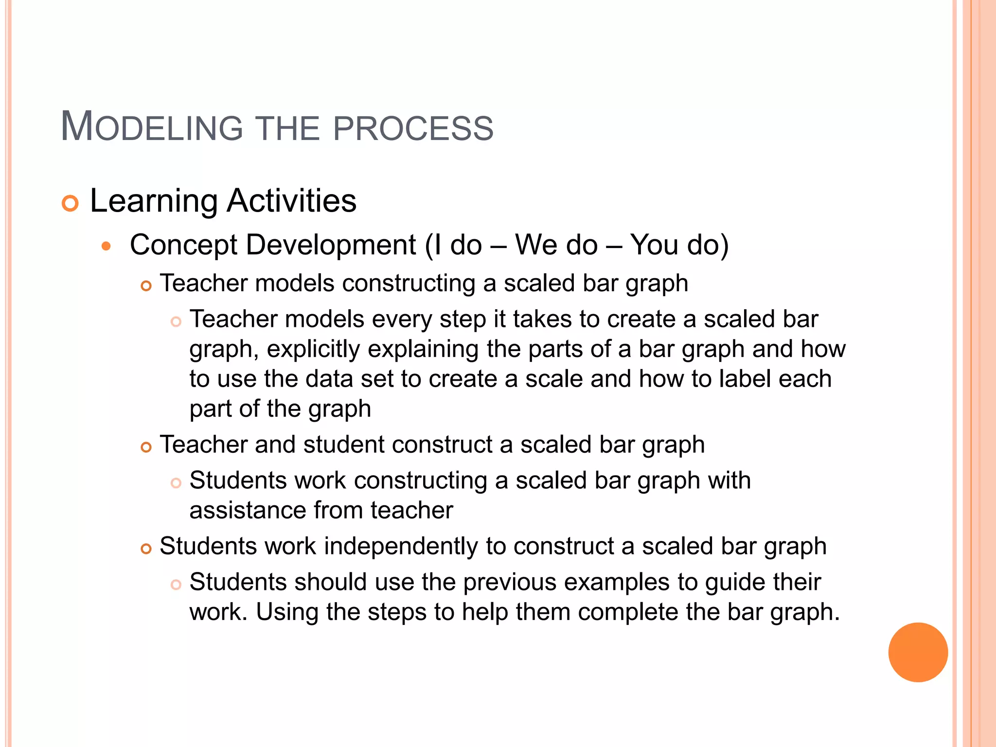 MODELING THE PROCESS
 Learning Activities
 Concept Development (I do – We do – You do)
 Teacher models constructing a scaled bar graph
 Teacher models every step it takes to create a scaled bar
graph, explicitly explaining the parts of a bar graph and how
to use the data set to create a scale and how to label each
part of the graph
 Teacher and student construct a scaled bar graph
 Students work constructing a scaled bar graph with
assistance from teacher
 Students work independently to construct a scaled bar graph
 Students should use the previous examples to guide their
work. Using the steps to help them complete the bar graph.
 