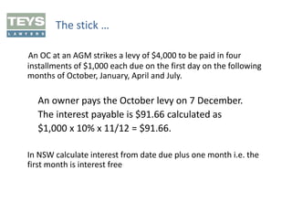 The stick …
An OC at an AGM strikes a levy of $4,000 to be paid in four
installments of $1,000 each due on the first day on the following
months of October, January, April and July.

An owner pays the October levy on 7 December.
The interest payable is $91.66 calculated as
$1,000 x 10% x 11/12 = $91.66.
In NSW calculate interest from date due plus one month i.e. the
first month is interest free

 