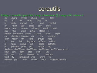 coreutils
$ dpkg -L coreutils | grep bin/ | xargs -i basename {} | xargs -n6 | column -t
cat chgrp chmod chown cp date
dd df dir echo false ln
ls mkdir mknod mv pwd readlink
rm rmdir vdir sleep stty sync
touch true uname mktemp install hostid
nice who users pinky stdbuf [
base64 basename chcon cksum comm csplit
cut dircolors dirname du env expand
expr factor fmt fold groups head
id join link logname md5sum mkfifo
nl nproc nohup od paste pathchk
pr printenv printf ptx runcon seq
sha1sum sha224sum sha256sum sha384sum sha512sum shred
shuf sort split stat sum tac
tail tee test timeout tr truncate
tsort tty unexpand uniq unlink wc
whoami yes arch chroot touch md5sum.textutils
 