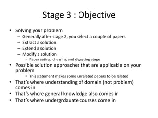 Stage 3 : Objective
• Solving your problem
–
–
–
–

Generally after stage 2, you select a couple of papers
Extract a solution
Extend a solution
Modify a solution
• Paper eating, chewing and digesting stage

• Possible solution approaches that are applicable on your
problem
• This statement makes some unrelated papers to be related

• That’s where understanding of domain (not problem)
comes in
• That’s where general knowledge also comes in
• That’s where undergrdauate courses come in

 