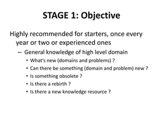 STAGE 1: Objective
Highly recommended for starters, once every
year or two or experienced ones
– General knowledge of high level domain
•
•
•
•
•

What’s new (domains and problems) ?
Can there be something (domain and problem) new ?
Is something obsolete ?
Is there a rebirth ?
Is there a new knowledge resource ?

 