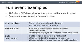 Fun event examples
● RPG where GM’s have playable characters and hang out in game
● Game emphasizes cosmetic item purchasing
Hide and Seek • GM is hiding somewhere in the world
• Find him/her, and win a reward
Fashion Show • Post image of decked-out character on FB
• Community votes
• Winner gets displayed on launcher screen for a week
Guild
Competition
• Guilds compete to capture & hold a castle
• Whoever holds it the longest wins the event
• Winning guild gets a rare item for all guild members
 