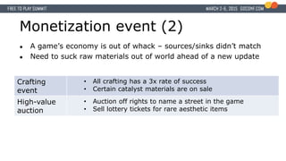 Monetization event (2)
● A game’s economy is out of whack – sources/sinks didn’t match
● Need to suck raw materials out of world ahead of a new update
Crafting
event
• All crafting has a 3x rate of success
• Certain catalyst materials are on sale
High-value
auction
• Auction off rights to name a street in the game
• Sell lottery tickets for rare aesthetic items
 