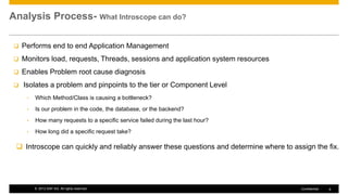 Analysis Process- What Introscope can do?

    Performs end to end Application Management
    Monitors load, requests, Threads, sessions and application system resources
    Enables Problem root cause diagnosis
    Isolates a problem and pinpoints to the tier or Component Level
      •   Which Method/Class is causing a bottleneck?
      •   Is our problem in the code, the database, or the backend?
      •   How many requests to a specific service failed during the last hour?
      •   How long did a specific request take?

  Introscope can quickly and reliably answer these questions and determine where to assign the fix.




          © 2012 SAP AG. All rights reserved.                                           Confidential   6
 