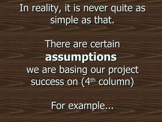 In reality, it is never quite as simple as that. There are certain  assumptions   we are basing our project success on (4 th  column) For example... 