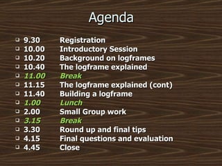 Agenda 9.30 Registration 10.00 Introductory Session 10.20 Background on logframes 10.40 The logframe explained 11.00 Break 11.15 The logframe explained (cont) 11.40 Building a logframe 1.00 Lunch 2.00 Small Group work 3.15  Break 3.30 Round up and final tips 4.15 Final questions and evaluation 4.45 Close 