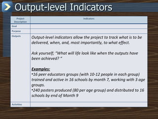 Output-level Indicators Project Description Indicators Goal Purpose Outputs Output-level indicators allow the project to track what is to be delivered, when, and, most importantly, to what effect. Ask yourself; “What will life look like when the outputs have been achieved? “ Examples: 16 peer educators groups (with 10-12 people in each group) trained and active in 16 schools by month 7, working with 3 age groups. 240 posters produced (80 per age group) and distributed to 16 schools by end of Month 9 Activities 