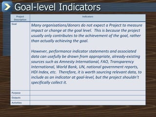 Goal-level Indicators Project Description Indicators Goal Many organisations/donors do not expect a Project to measure impact or change at the goal level.  This is because the project usually only contributes to the achievement of the goal, rather than actually achieving the goal.  However, performance indicator statements and associated data can usefully be drawn from appropriate, already-existing sources such as Amnesty International, FAO, Transparency International, World Bank, UN, national government reports,  HDI Index, etc.  Therefore, it is worth sourcing relevant data, to include as an indicator at goal-level, but the project shouldn’t specifically collect it. Purpose Outputs Activities 