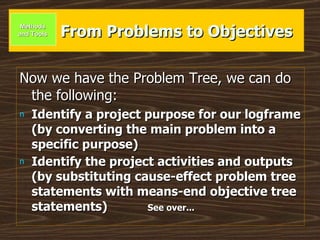 From Problems to Objectives Now we have the Problem Tree, we can do the following: Identify a project purpose for our logframe (by converting the main problem into a specific purpose) Identify the project activities and outputs (by substituting cause-effect problem tree statements with means-end objective tree statements) See over... Methods and Tools 