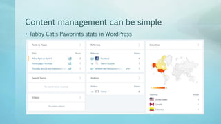 Content management can be simple
• Tabby Cat’s Pawprints stats in WordPress
 