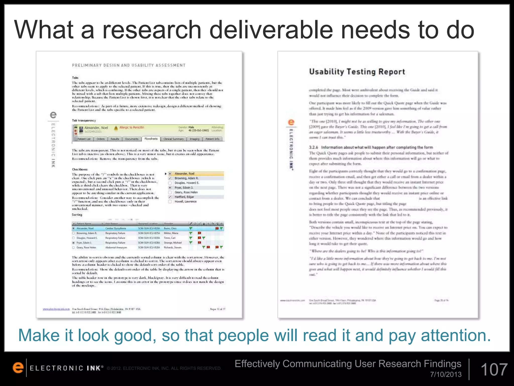 What a research deliverable needs to do

Make it look good, so that people will read it and pay attention.
© 2012. ELECTRONIC INK, INC. ALL RIGHTS RESERVED.

Effectively Communicating User Research Findings
7/10/2013

107

 