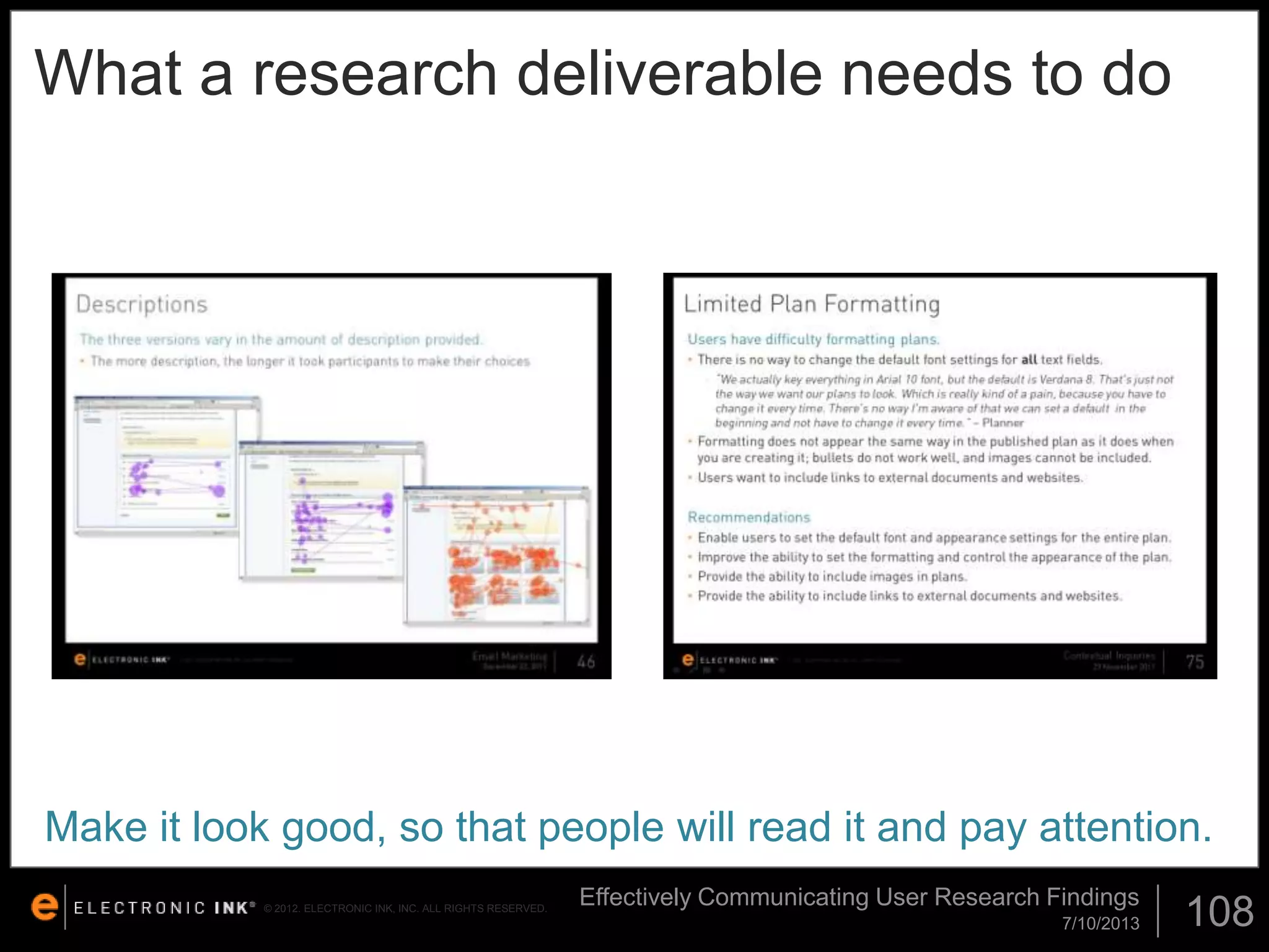 What a research deliverable needs to do

Make it look good, so that people will read it and pay attention.
© 2012. ELECTRONIC INK, INC. ALL RIGHTS RESERVED.

Effectively Communicating User Research Findings
7/10/2013

108

 