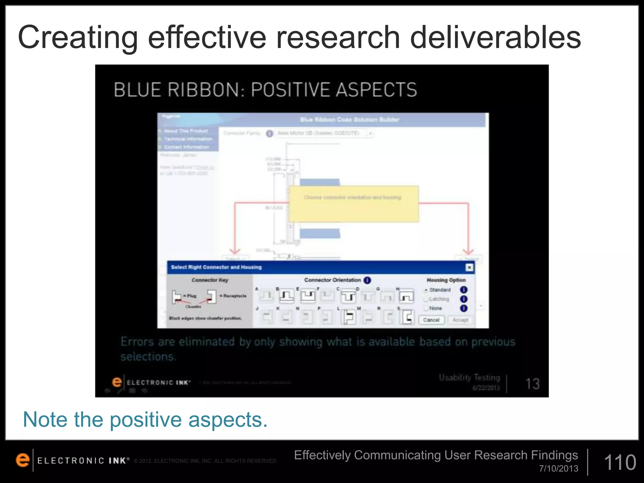 Creating effective research deliverables

Note the positive aspects.
© 2012. ELECTRONIC INK, INC. ALL RIGHTS RESERVED.

Effectively Communicating User Research Findings
7/10/2013

110

 