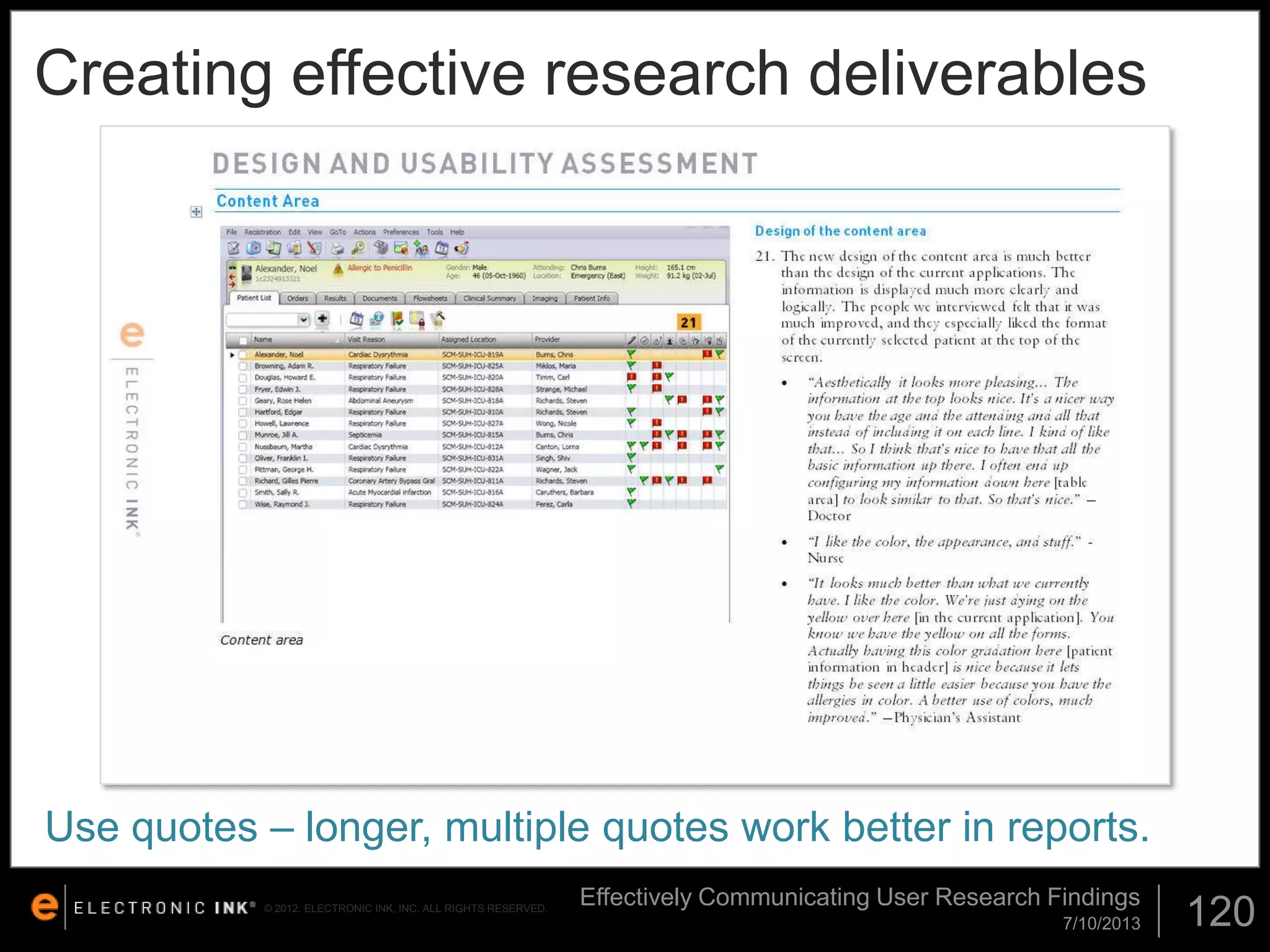 Creating effective research deliverables

Use quotes – longer, multiple quotes work better in reports.
© 2012. ELECTRONIC INK, INC. ALL RIGHTS RESERVED.

Effectively Communicating User Research Findings
7/10/2013

120

 