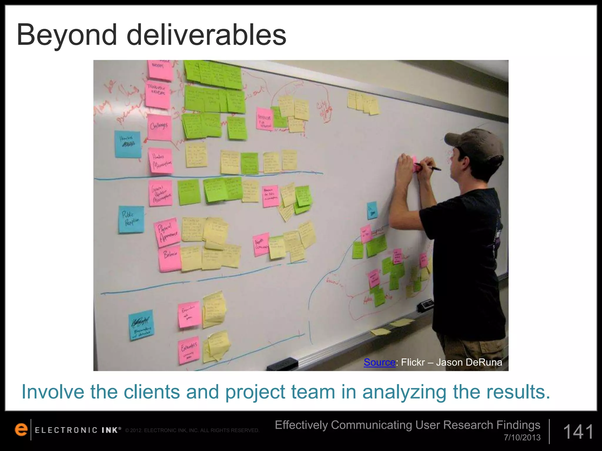 Beyond deliverables

Source: Flickr – Jason DeRuna
Source: Flickr – Rosenfeld Media 2009

Involve the clients and project team in analyzing the results.
© 2012. ELECTRONIC INK, INC. ALL RIGHTS RESERVED.

Effectively Communicating User Research Findings
7/10/2013

141

 