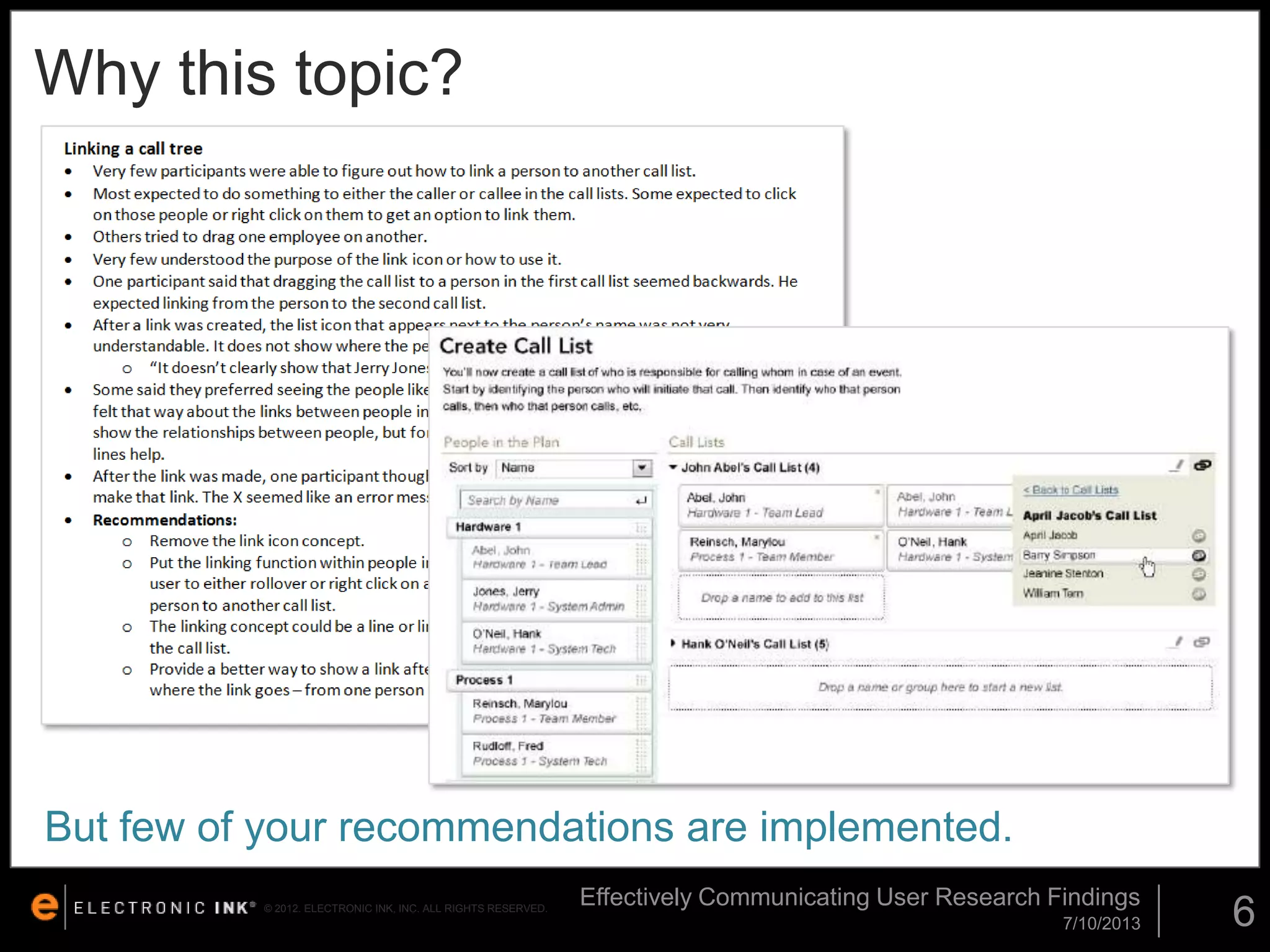 Why this topic?

But few of your recommendations are implemented.
© 2012. ELECTRONIC INK, INC. ALL RIGHTS RESERVED.

Effectively Communicating User Research Findings
7/10/2013

6

 