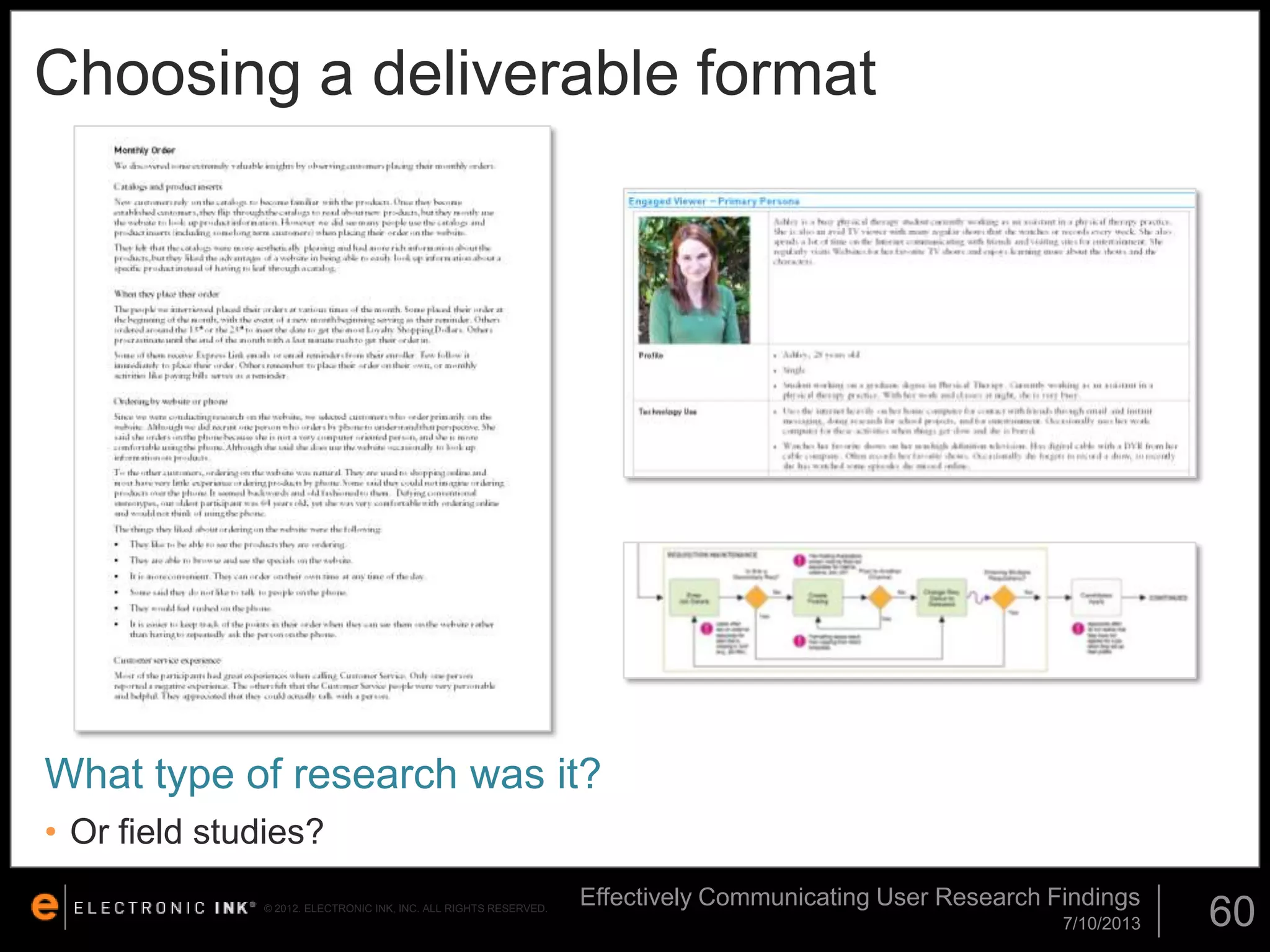 Choosing a deliverable format

What type of research was it?
• Or field studies?
© 2012. ELECTRONIC INK, INC. ALL RIGHTS RESERVED.

Effectively Communicating User Research Findings
7/10/2013

60

 