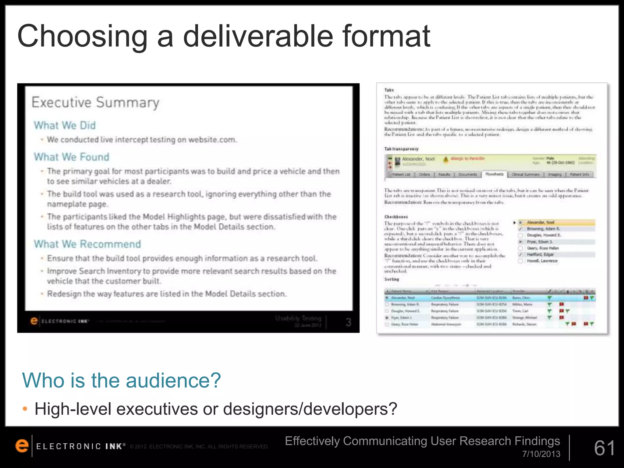 Choosing a deliverable format

Who is the audience?
• High-level executives or designers/developers?
© 2012. ELECTRONIC INK, INC. ALL RIGHTS RESERVED.

Effectively Communicating User Research Findings
7/10/2013

61

 